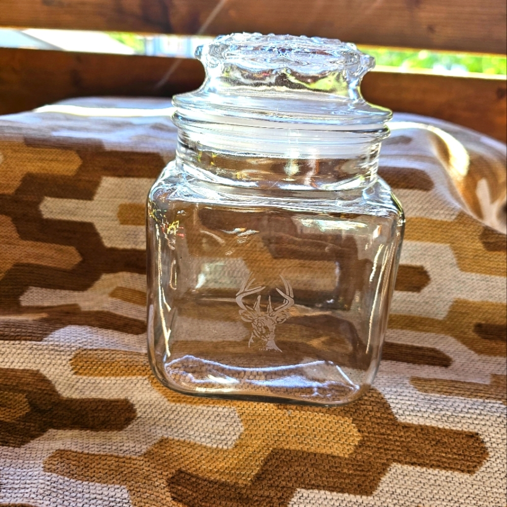 Small Glass Canister Jar & Lid With Seal Animal Etching